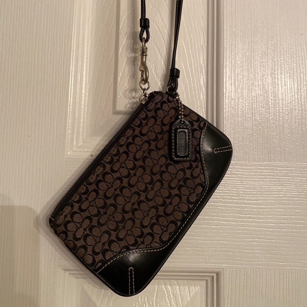 Coach Brown Signature Zip Wristlet with Leather Trim